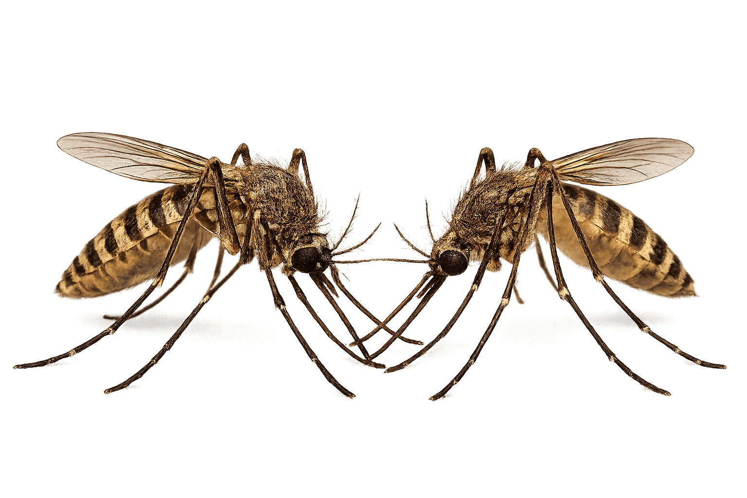 Two mosquitoes facing each other in close-up with legs and proboscises touching, isolated on a transparent background