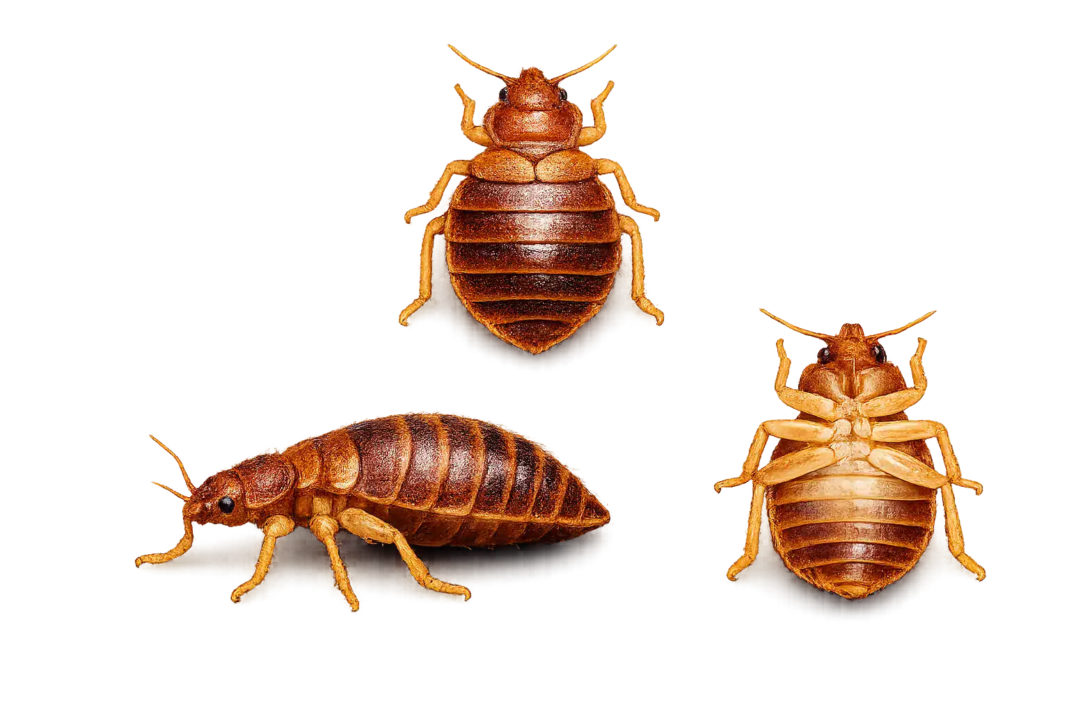 3 bed bugs Bed bugs shown from three angles: top, side, and underside views
