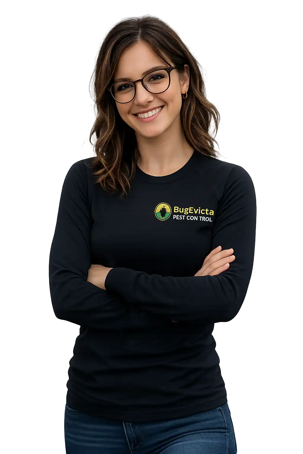Friendly female pest control technician wearing a black BugEvicta long sleeve shirt, smiling confidently and ready to help customers.