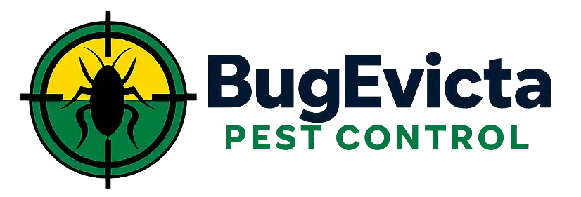 BugEvicta-Transparent-Horizontal (2) BugEvicta Solutions pest control company logo with green and yellow bug icon