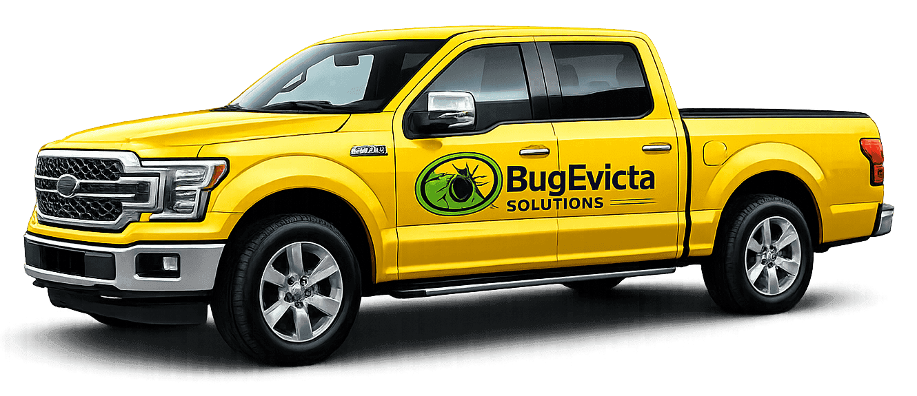 Yellow BugEvicta Solutions pest control truck with company logo on door