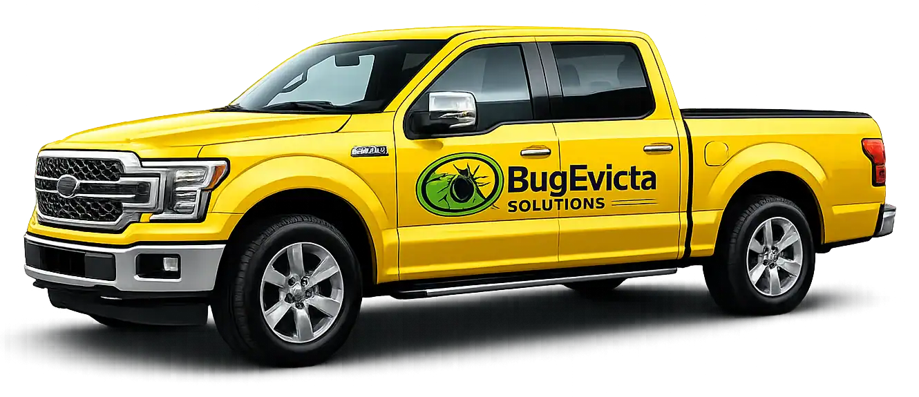 BugEvicta Pest Control Truck Yellow BugEvicta Solutions pest control truck with company logo on door