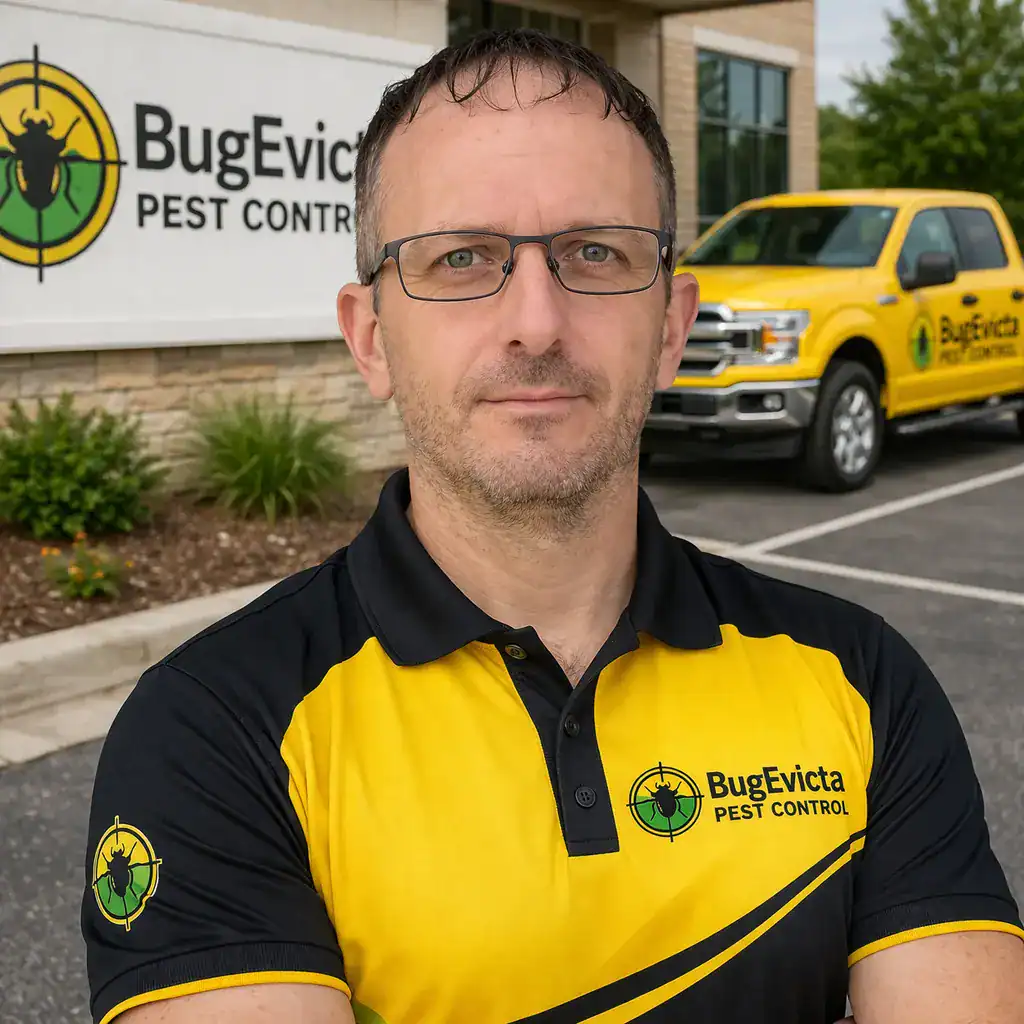 ErIc Glas Wearing A BugEvicta Shirt out side the office with a Yellow work truck in the background.