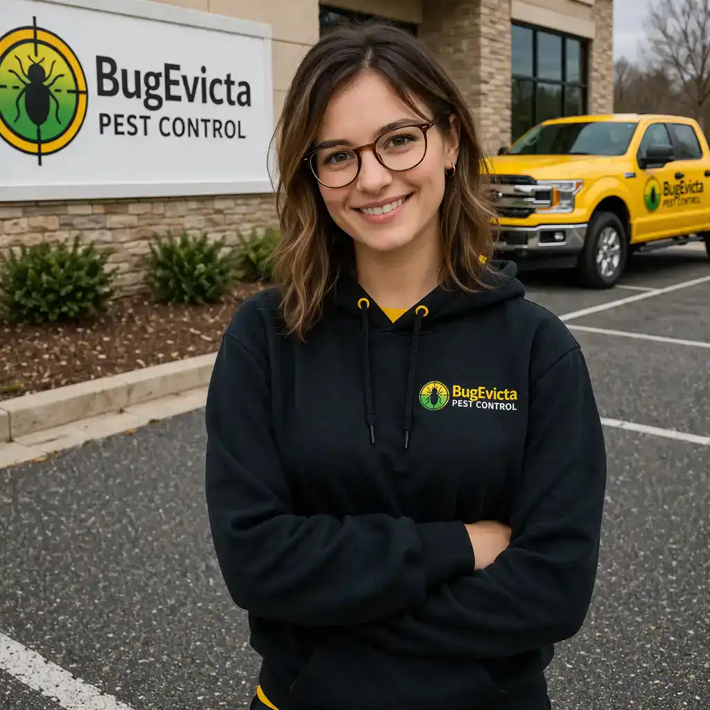 Jessica T. Standing out side the Bug Evicta Office Just Got off Work and Happy