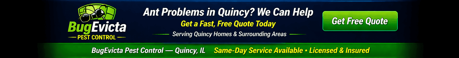 BugEvicta ant control service banner in Quincy Illinois with same-day pest control offer