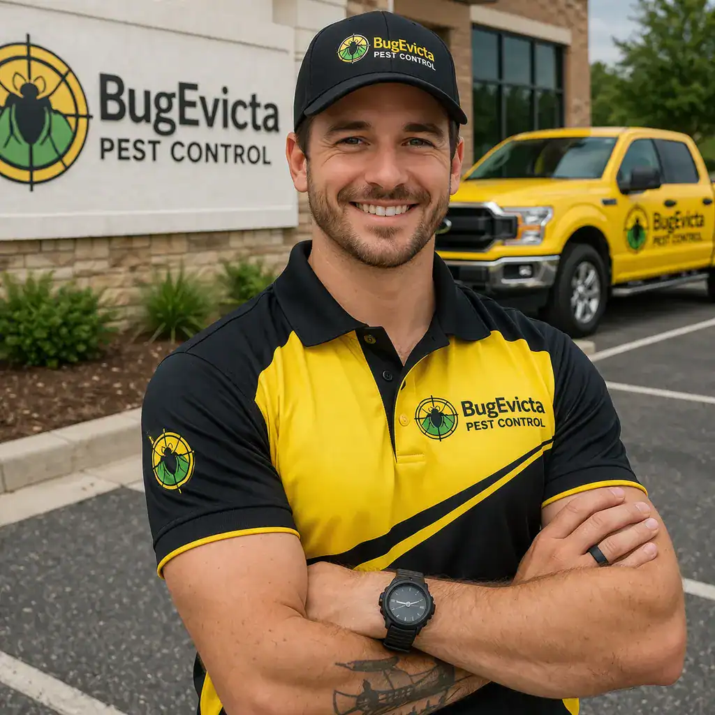 Scott A. an Employee at BugEvicta pest control stand out side the office waiting for work to to start.