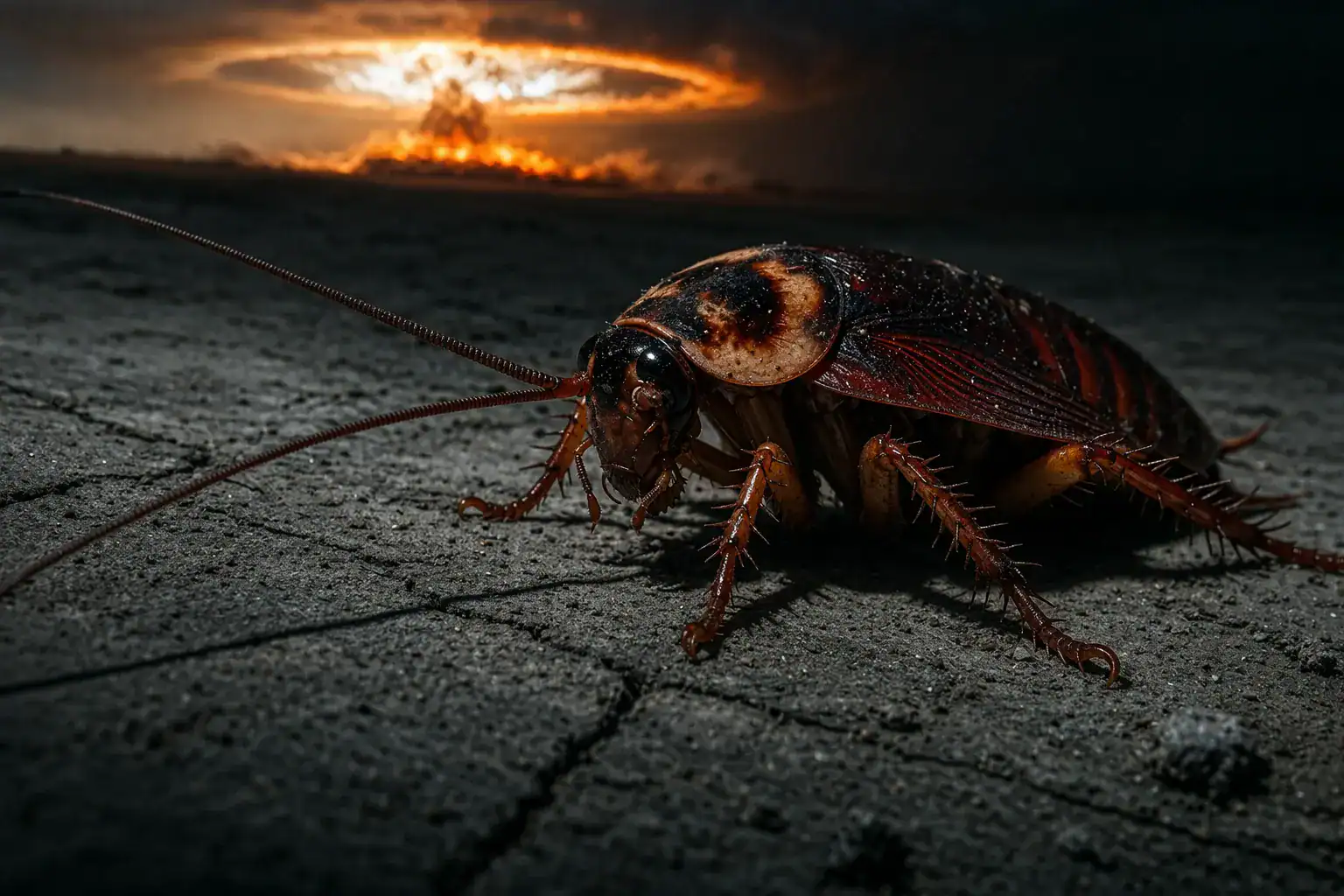 Close-up macro of an American cockroach on cracked concrete with a blurred nuclear blast glow in the background