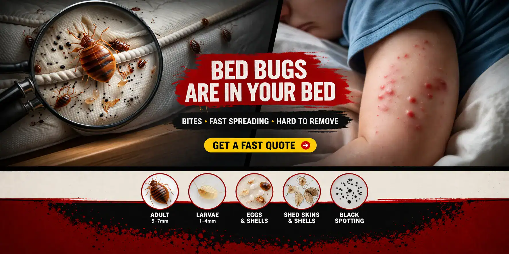 Bed Bug Infestation Warning – Fast Action Needed Close-up of bed bugs in a mattress seam with magnified view and child bed bug bites on skin showing infestation signs