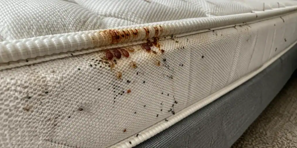 Close-up of mattress seam showing bed bug infestation with rust-colored stains, dark fecal spots, and shed skins