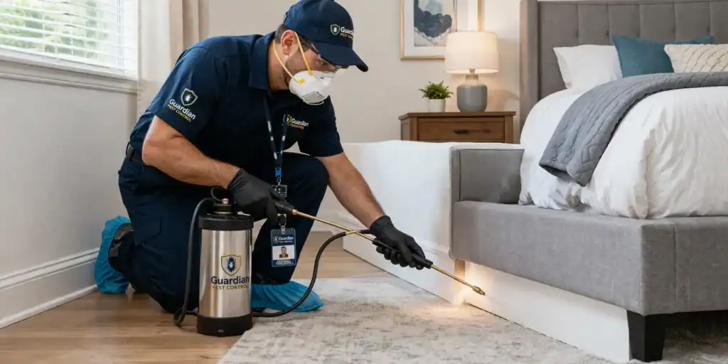 Professional bed bug exterminator applying treatment to a bedroom baseboard