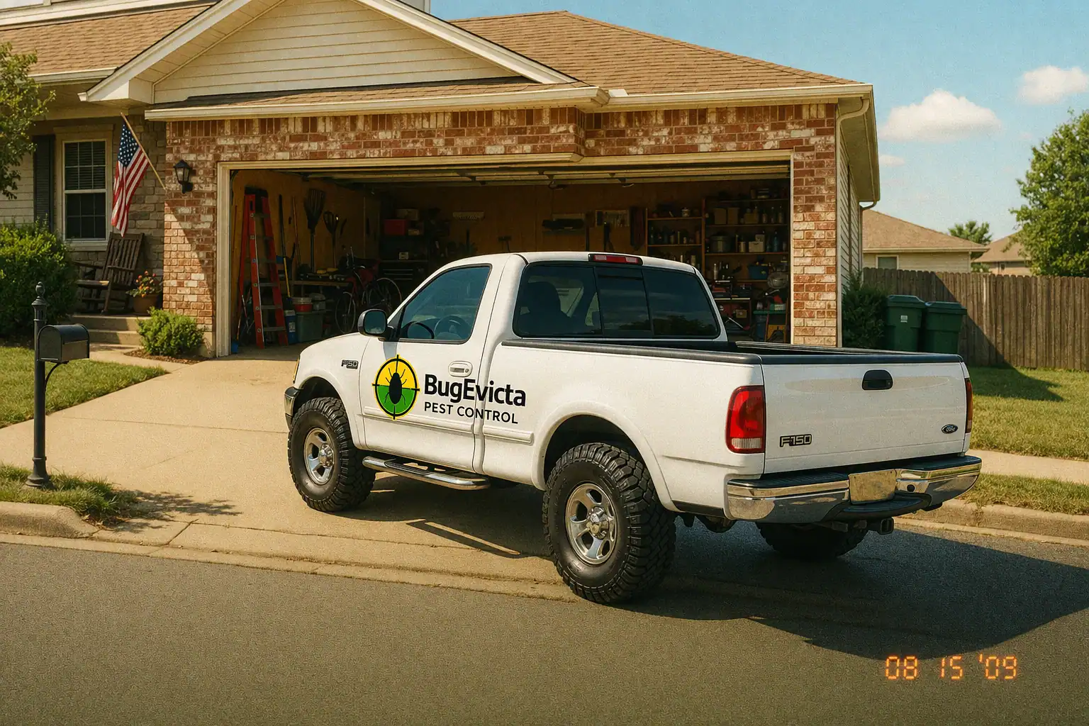 BugEvicta Pest Control Truck at Customer Home