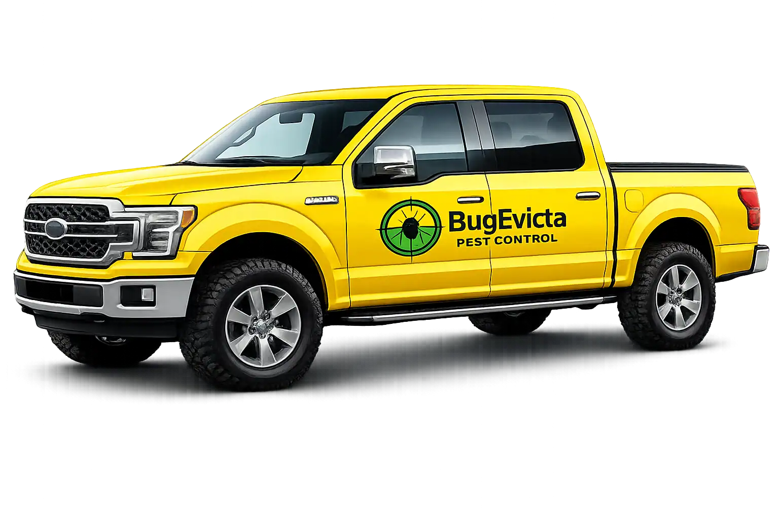 Yellow pest control service truck with BugEvicta Pest Control logo on the door