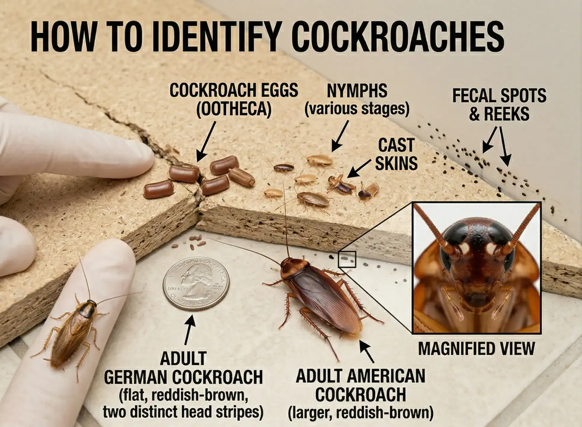 A detailed educational guide on cockroach identification. A hand wearing a white latex glove points to various stages of cockroaches on a textured wood particleboard surface. The guide includes a clustered pile of brown, segmented egg cases (oothecae) labeled "COCKROACH EGGS (OOTHECA)," and small nymph and cast skin specimens labeled "NYMPHS (various stages)" and "CAST SKINS." Two adult cockroaches are shown: one smaller, detailed adult on a finger, with two distinct head stripes, labeled "ADULT GERMAN COCKROACH (flat, reddish-brown, two distinct head stripes)"; and one larger, more prominent reddish-brown adult labeled "ADULT AMERICAN COCKROACH (larger, reddish-brown)." A standard US quarter coin is provided next to the German cockroach for size comparison. Dark, peppery stains on the particleboard surface are labeled "FECAL SPOTS & REEKS." A large black square box with the text "MAGNIFIED VIEW" frames an extremely detailed close-up of the American cockroach's head, showing its compound eyes, complex mouthparts, and antennae base. The title "HOW TO IDENTIFY COCKROACHES" is at the top left, and a "GEMINI" watermark is in the bottom right corner, all on a light background.