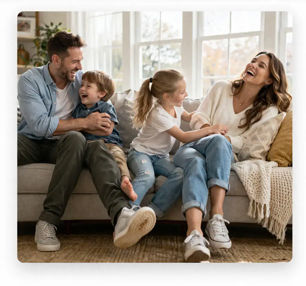 Happy family of four laughing together on a couch in a bright living room with natural sunlight