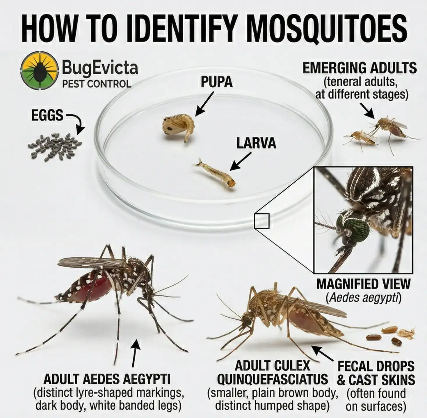 A identification guide, with content on the left 1/1 square and an empty white space on the right, separated by a dotted solid cut line. The left side, under the title "HOW TO IDENTIFY MOSQUITOES", presents a multi-level macro guide to mosquito species. A petri dish on a surface shows "PUPA" and "LARVA". Below it, "EGGS", "EMERGING ADULTS", "ADULT AEDES AEGYPTI", and "ADULT CULEX QUINQUEFASCIATUS" are labeled with arrows and descriptive text for physical characteristics. A magnified insect inset shows a detailed close-up of an Aedes aegypti head. "FECAL DROPS & CAST SKINS" are also shown and labeled. Studio lighting is soft and even.