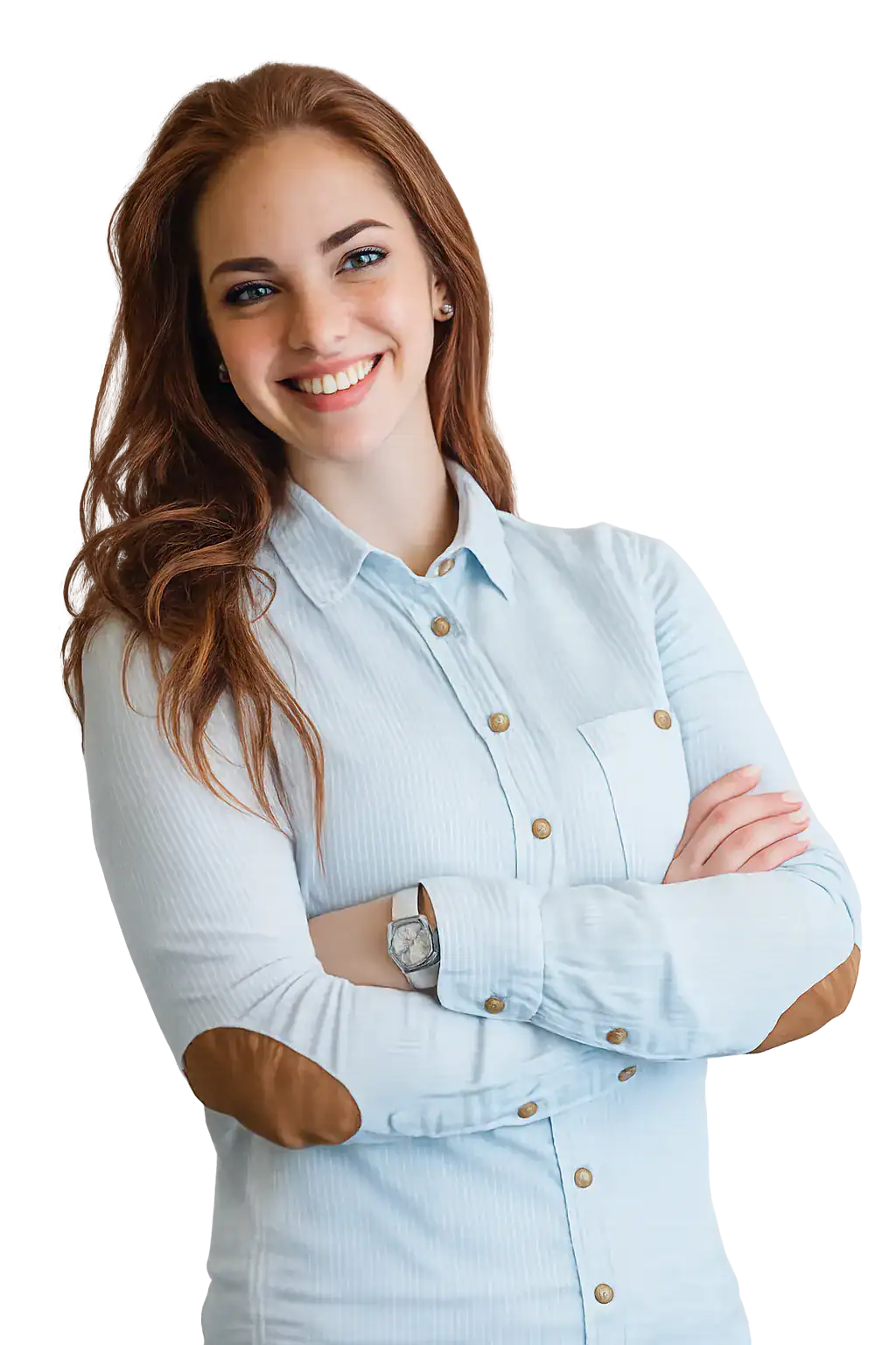 Smiling pest control customer service representative with red hair and freckles standing with arms crossed