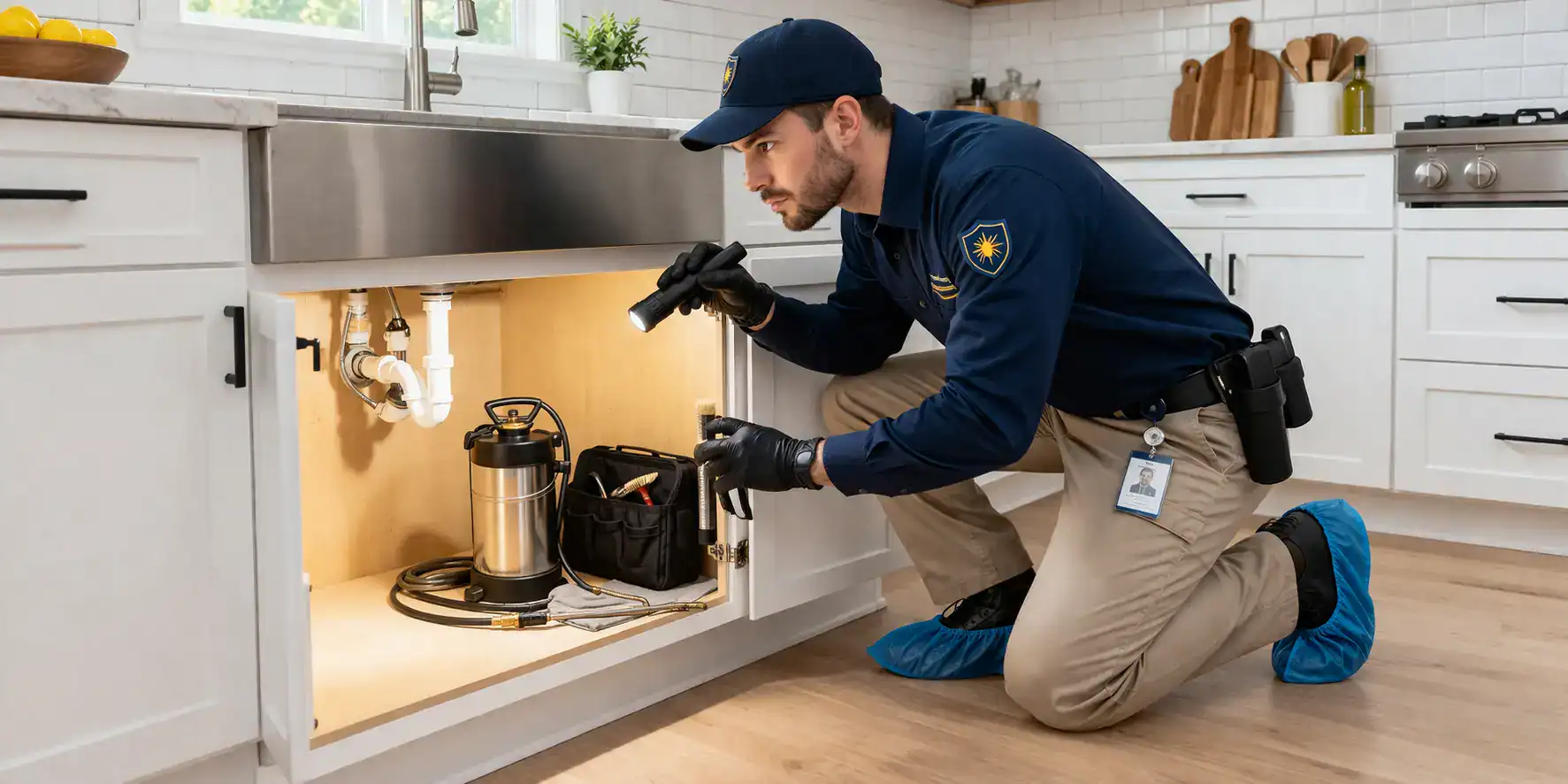 Licensed pest control technician inspecting under-sink cabinet with flashlight in a clean residential kitchen