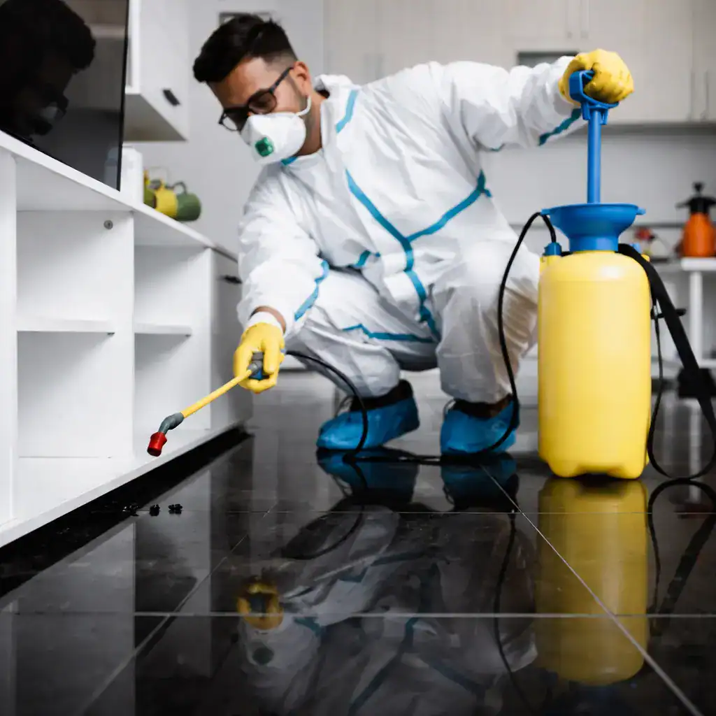 Pest Control Technician Spraying for Bugs in Kitchen – Professional Extermination Service