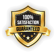 Gold and black shield badge with ribbon displaying “100% Satisfaction Guaranteed”