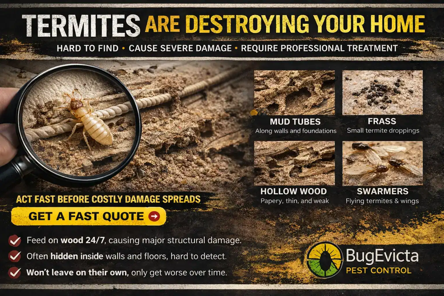 termite infestation signs including mud tubes frass hollow wood and swarmers causing damage to a home