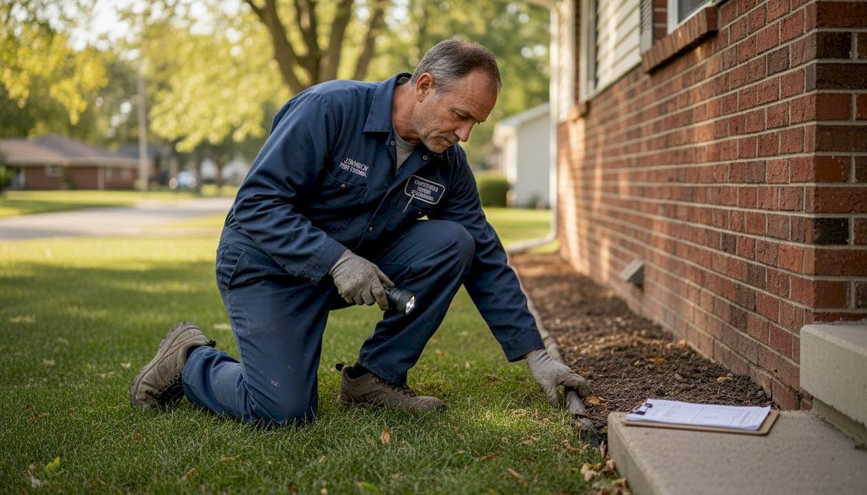 Technician inspecting home foundation for termite barriers