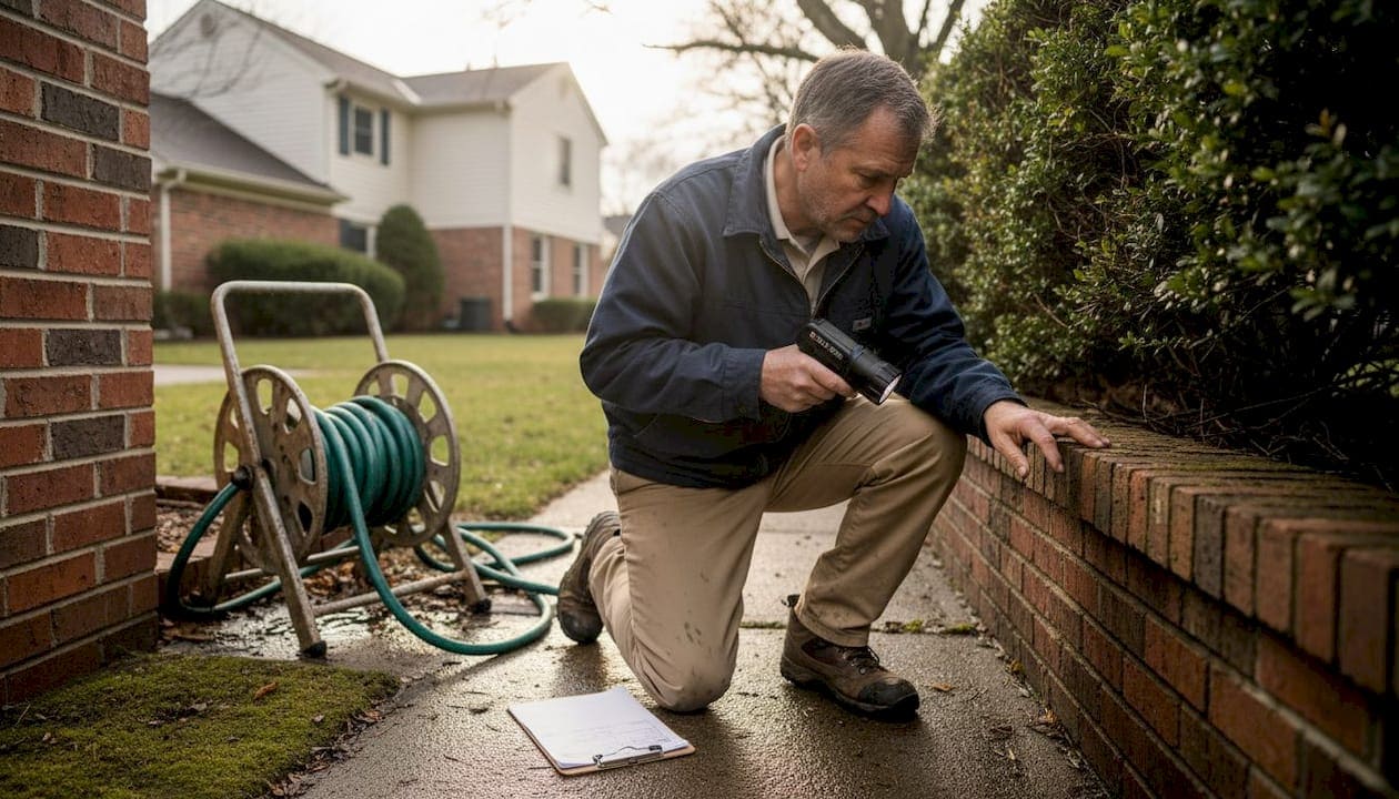 Illinois pest inspector checking home foundation for termites