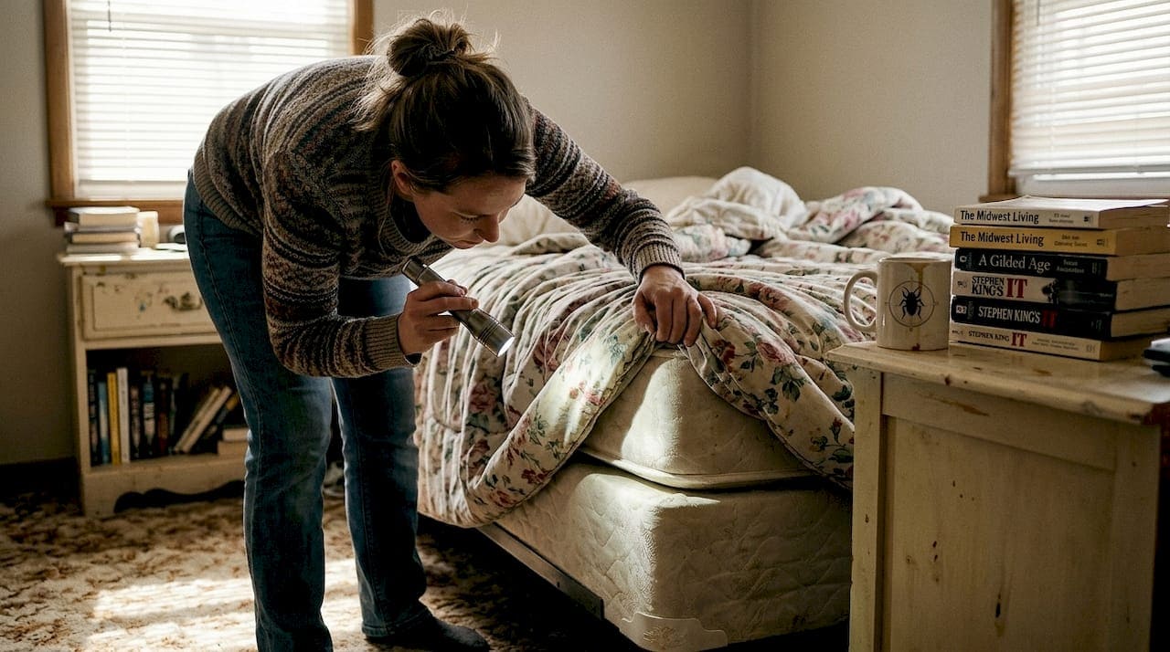 Woman inspecting mattress seam for bed bugs