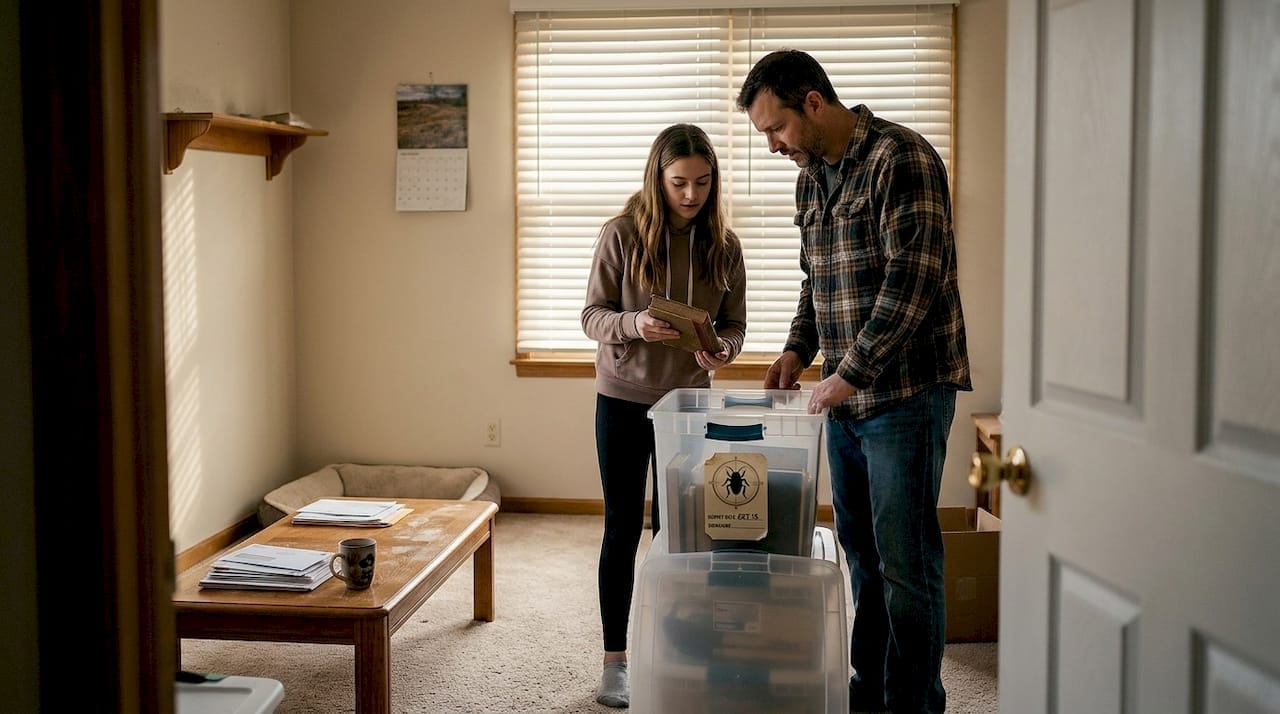 Family inspecting living room for pests