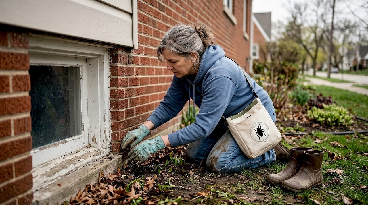 Illinois homeowner inspects exterior foundation after rain