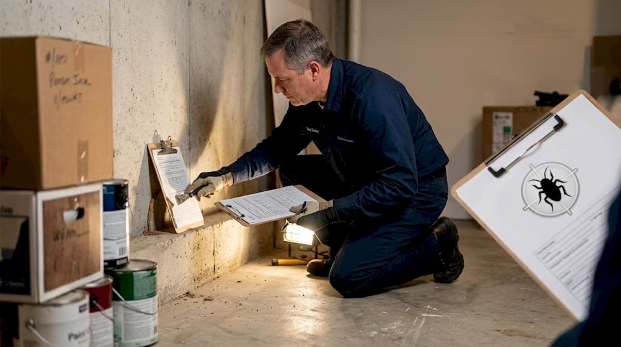 Technician inspecting basement wall for termites