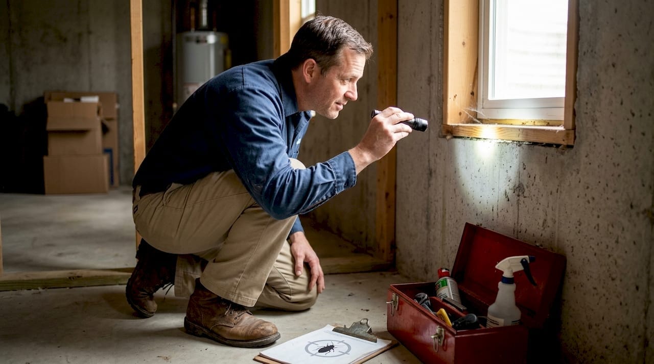 Technician inspecting Illinois home basement window
