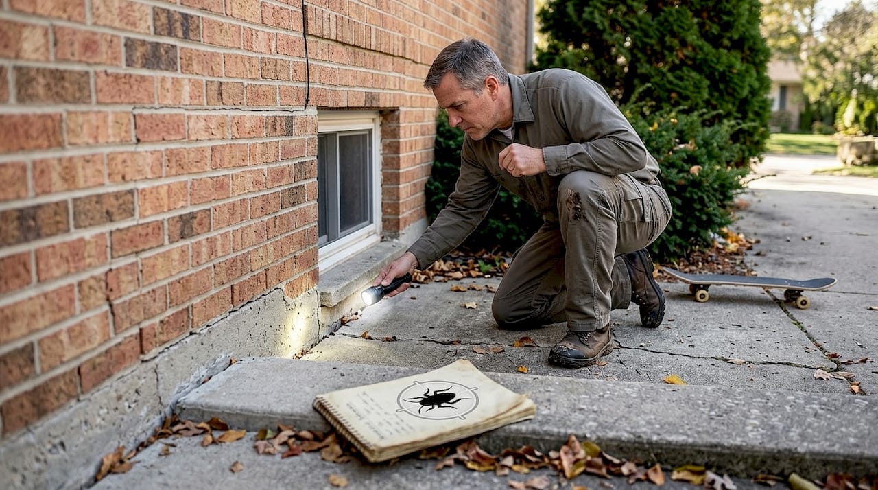 Pest inspector checks Illinois home foundation for pests