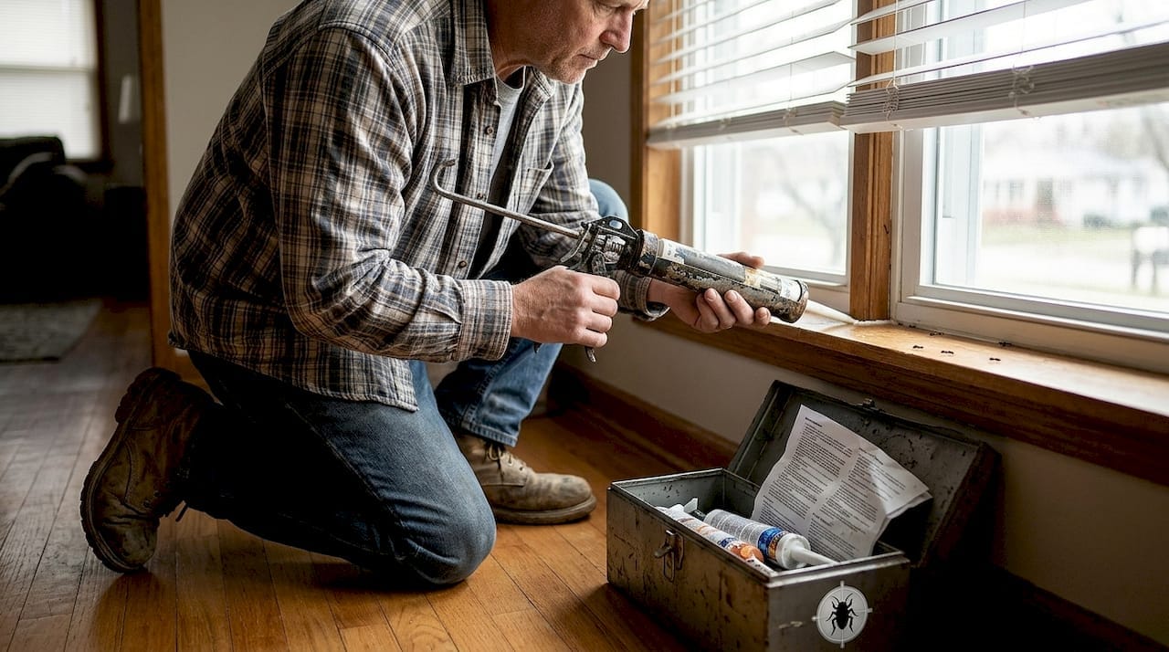 Homeowner sealing window crack to prevent ants