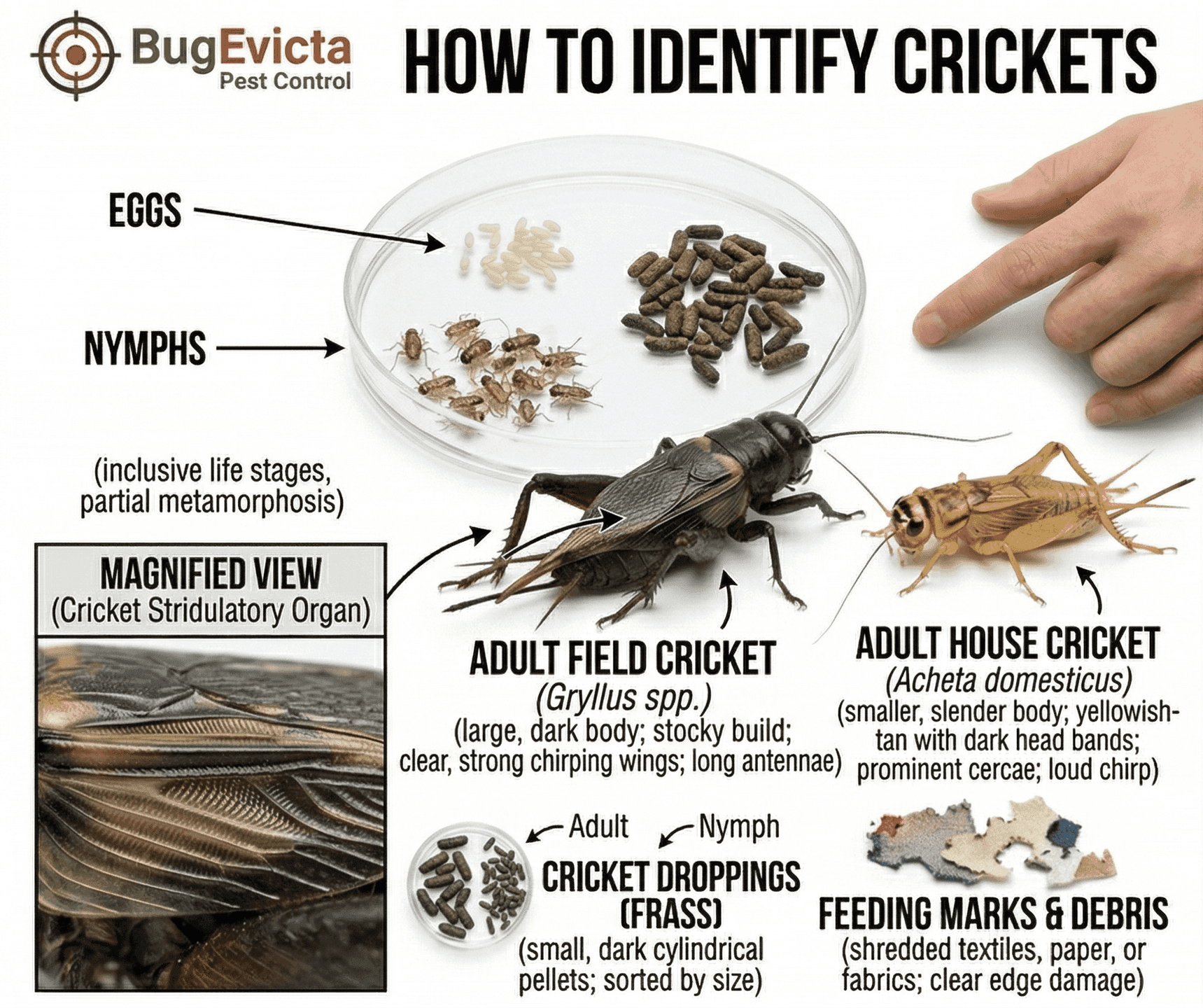 A professional pest identification infographic for BugEvicta Pest Control. The left side features detailed scientific imagery of cricket life stages, including clusters of small white eggs and wingless nymphs in a petri dish. Central images show a large, dark Adult Field Cricket (Gryllus spp.) and a smaller, tan Adult House Cricket (Acheta domesticus). Labeled sections include a magnified view of a cricket's stridulatory organ (wing file), small cylindrical droppings (frass), and examples of feeding marks on shredded fabric. The right side is solid white.