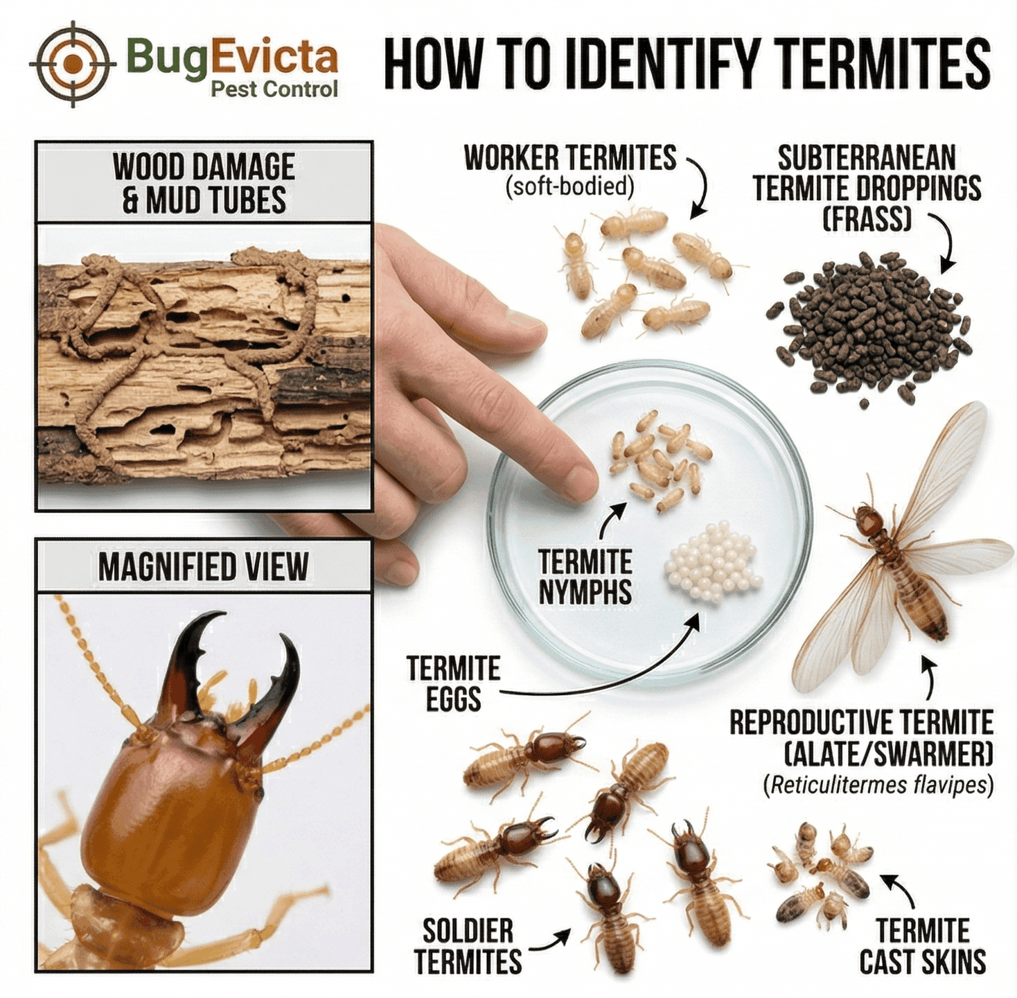 infographic with content on the left side only. Titled "HOW TO IDENTIFY TERMITES" with the BugEvicta logo. It features macro photos of worker termites, soldier termites, nymphs, eggs, and a reproductive swarmer (Reticulitermes flavipes). Inset boxes show wood damage with mud tubes and a magnified view of a termite head.