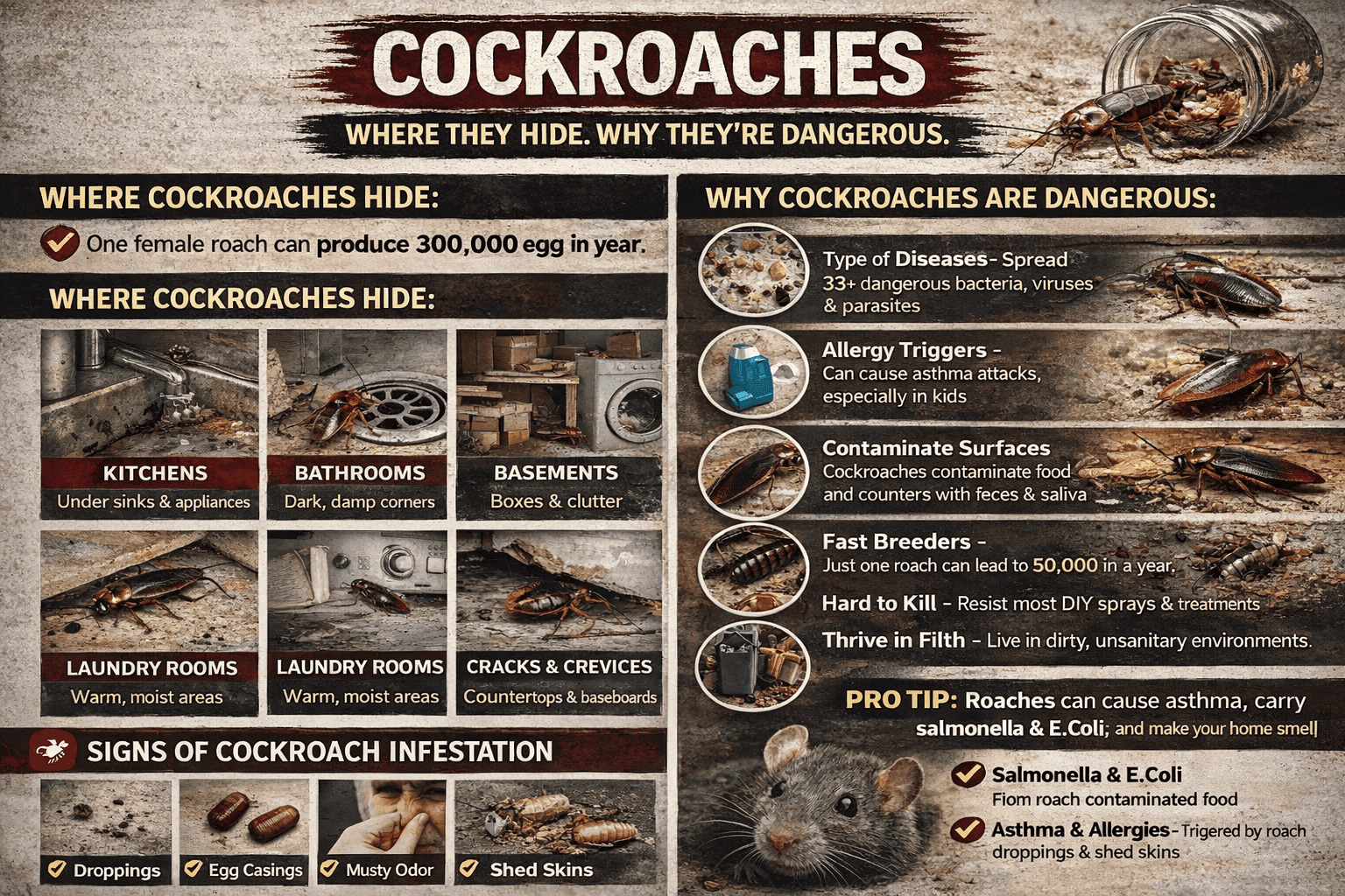 Educational cockroach infographic showing where roaches hide, signs of infestation, and the health risks they pose inside a home.