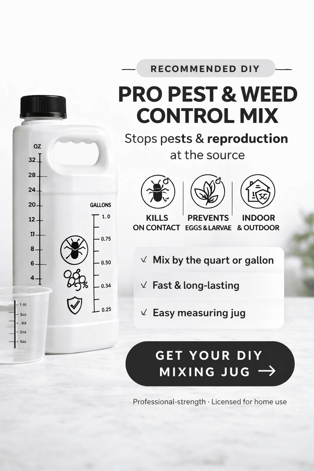 DIY pest and weed control mix jug with measuring cup for accurate insecticide application