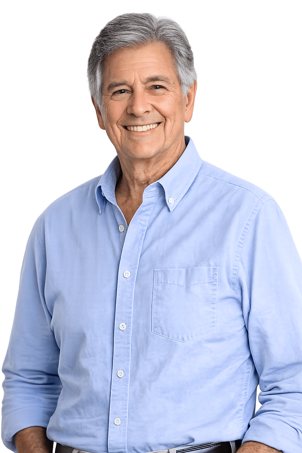 Smiling elderly man with gray hair waist-up transparent background