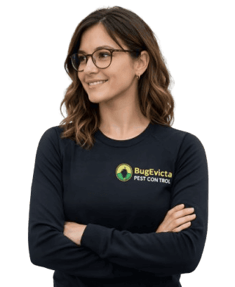 BugEvicta brand ambassador Jess standing with arms crossed, smiling and looking to her left in a professional uniform with logo.