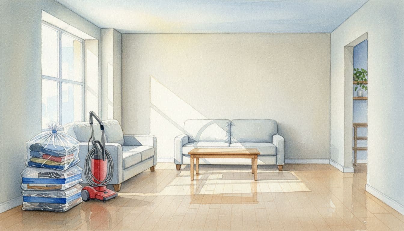 Clean apartment living room prepared for pest treatment, furniture spaced from walls, belongings in sealed bags, vacuum nearby, in watercolor style with soft blending and bright daylight.