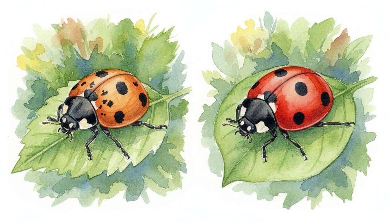 Watercolor illustration showing a side-by-side comparison of the invasive multicolored Asian lady beetle (orange with black M-shaped mark and wider pronotum) and the native North American ladybug (red with black spots) on green leaves in a garden, aiding identification.