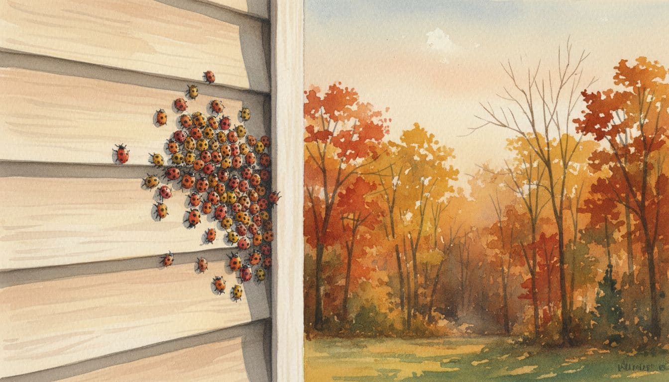 Cluster of multicolored Asian lady beetles on light beige vinyl siding of a rural home near woods in western Illinois fall afternoon, watercolor style with warm golden lighting and soft brush textures.