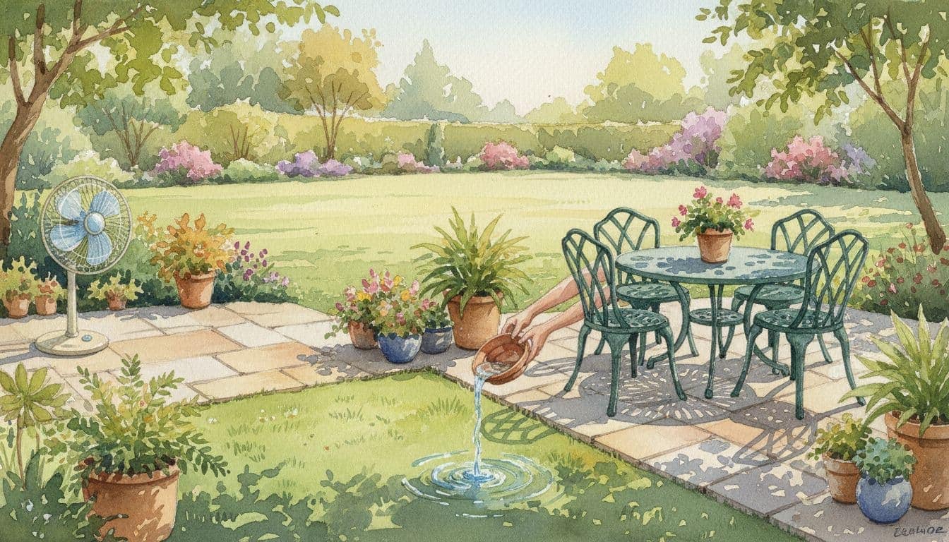 A clean backyard patio in watercolor style featuring one person dumping standing water from a plant saucer into nearby grass. Sunny afternoon light highlights the open yard with trimmed plants, pedestal fan, and guest-ready table.