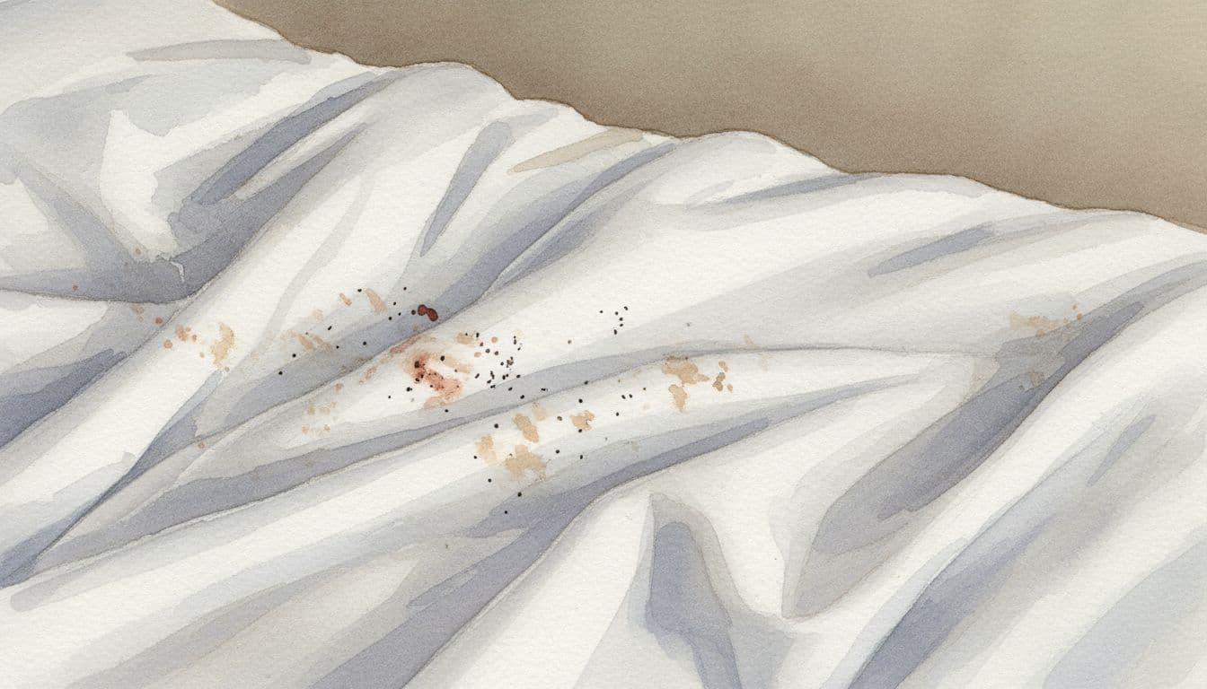 Close-up watercolor view of rumpled white hotel bed sheets showing rust-colored blood stains and tiny black fecal spots from bed bugs, with textured folds and soft morning light.