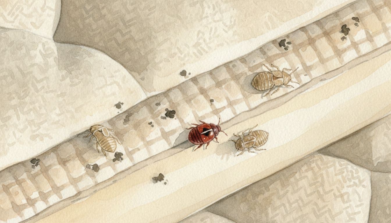 Close-up watercolor style illustration of a mattress edge seam revealing tiny dark fecal spots, translucent shed bed bug skin, and one small reddish-brown bed bug on bedroom fabric texture under soft morning light.