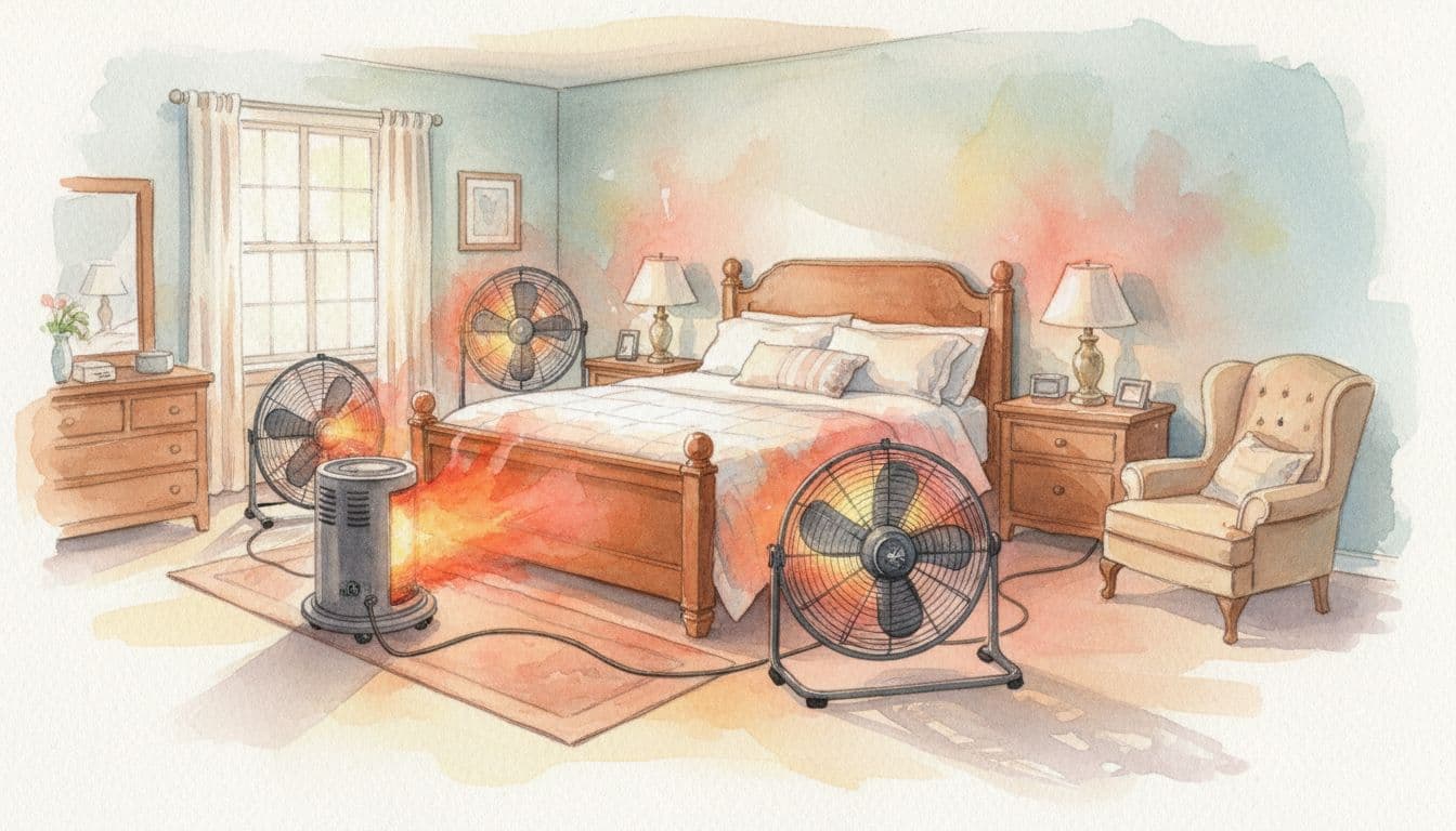 Professional pest control heaters and fans set up around a bed in a cozy bedroom for bed bug heat treatment, shown in watercolor style with even heat distribution.