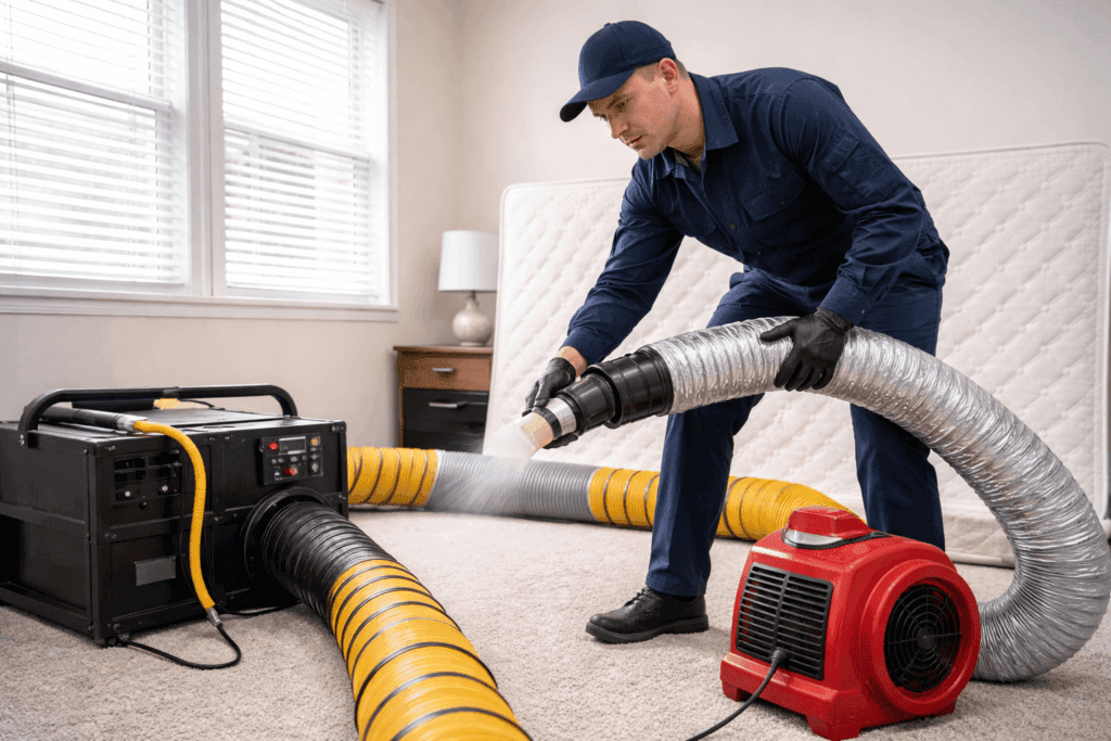 Pest control professional using heat treatment equipment with hose and industrial fan inside a residential bedroom