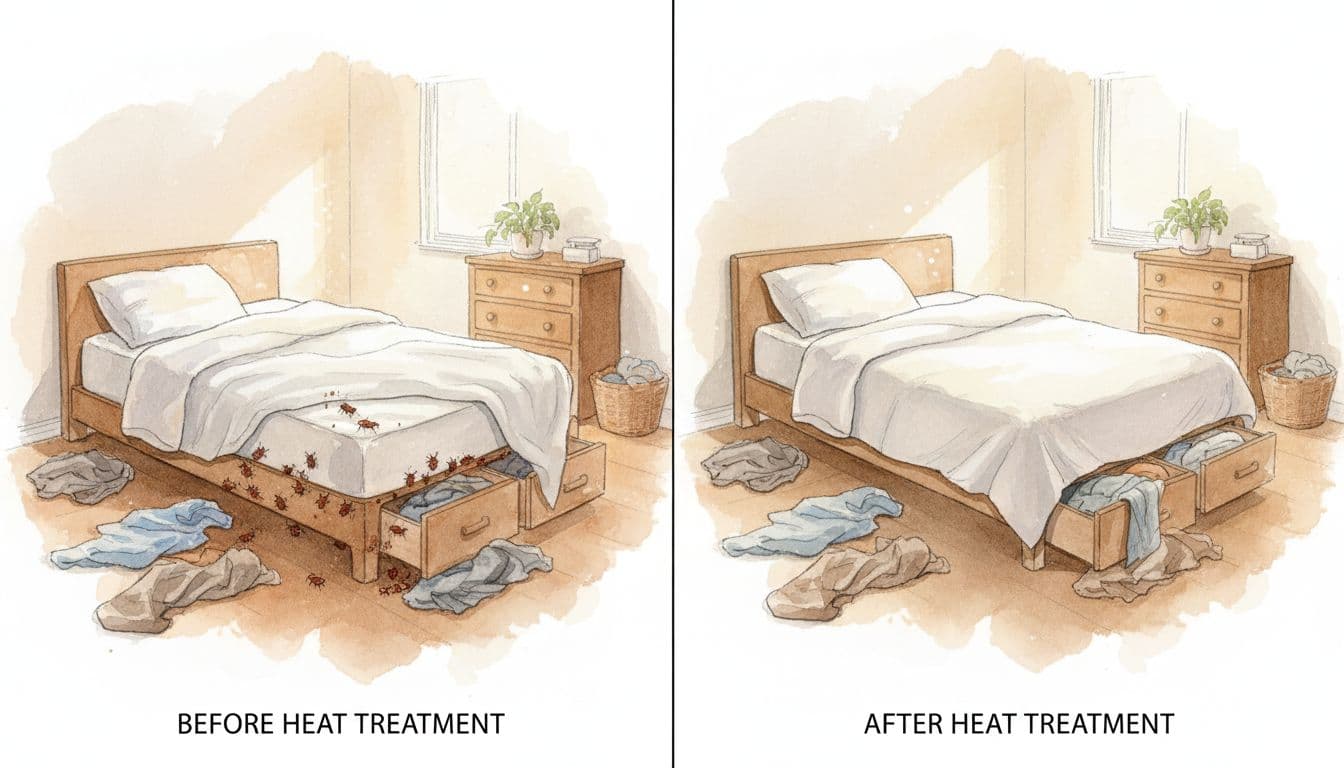 Split watercolor composition contrasting a cluttered bedroom with bed bug hiding spots under mattress and in furniture before heat treatment, with a clean organized room after, illustrating clutter's impact on treatment costs.