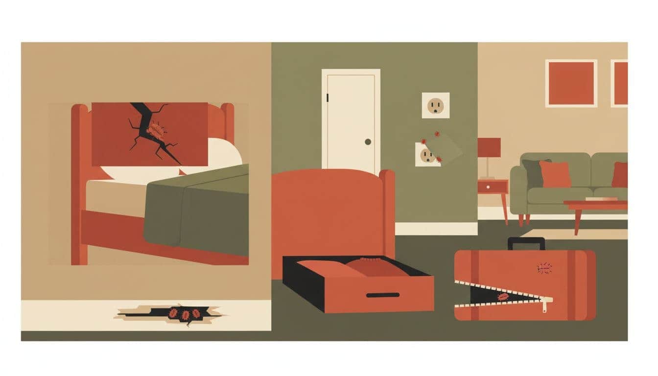 Modern illustration depicting typical bed bug hiding spots in a Quincy IL apartment, including behind peeling baseboard, wooden headboard crack, electrical outlet cover, folded clothes in drawer, and suitcase zipper, in a wide bedroom and living area view with earth tones and reds.