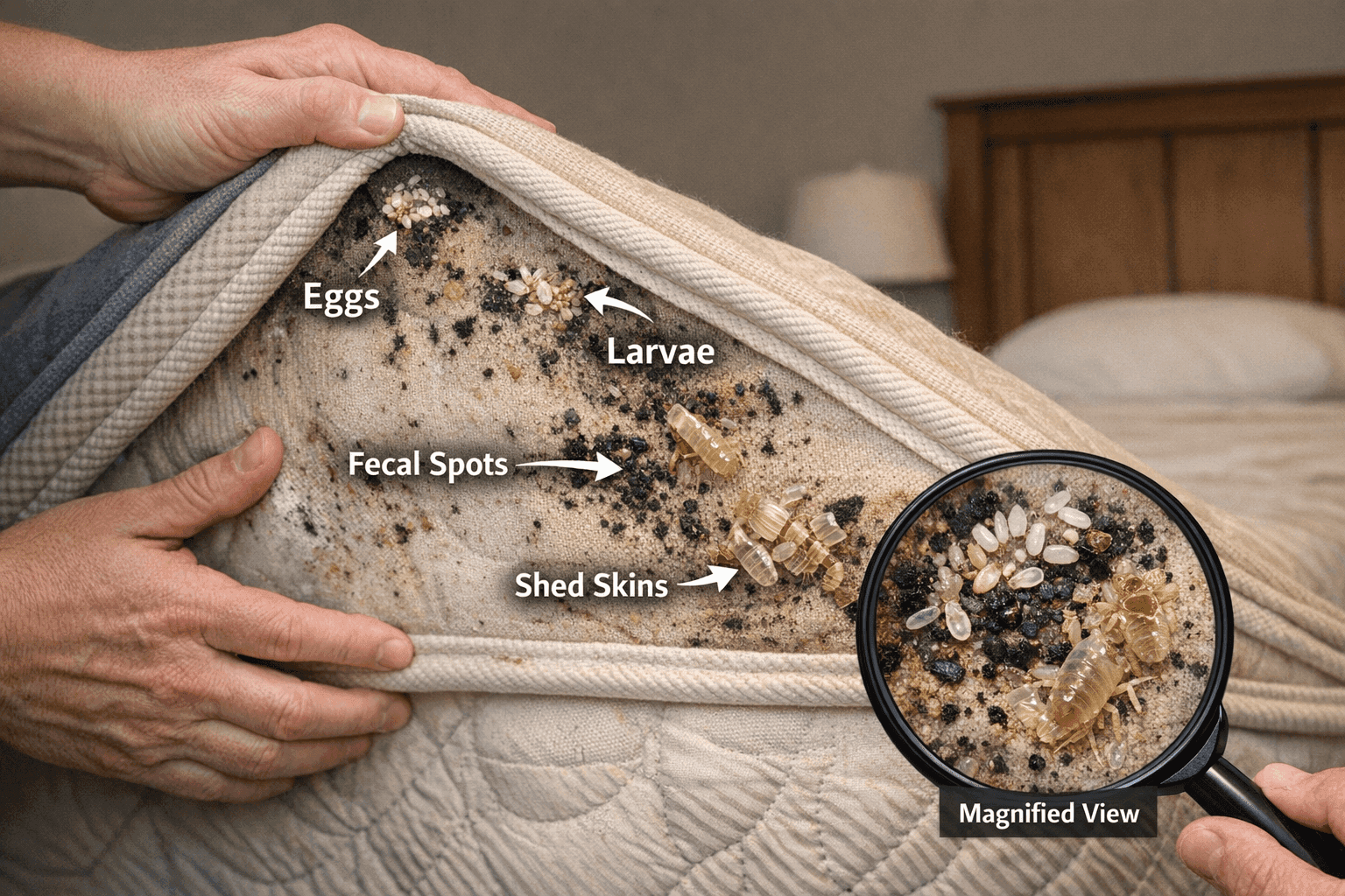 Bed bug infestation with eggs and larvae
